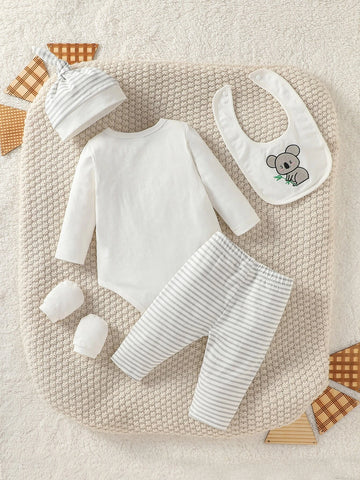 Newborn Baby Cartoon Embroidery Bodysuit & Striped Pants & Hat & Bib