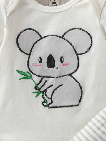 Newborn Baby Cartoon Embroidery Bodysuit & Striped Pants & Hat & Bib