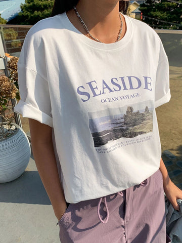 DAZY Landscape & Slogan Graphic Drop Shoulder Tee