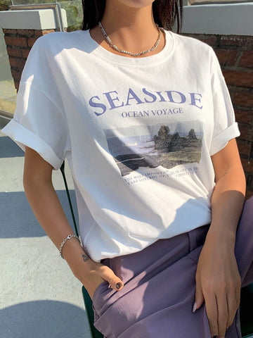 DAZY Landscape & Slogan Graphic Drop Shoulder Tee