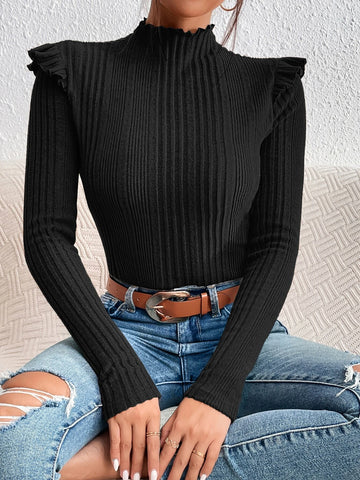 Felegant Mock Neck Ruffle Trim Tee