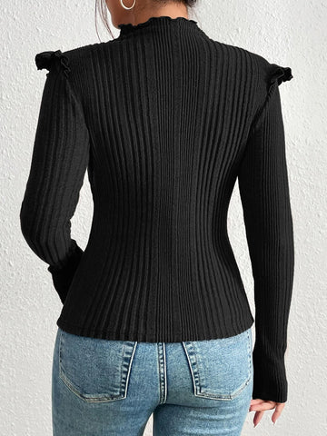 Felegant Mock Neck Ruffle Trim Tee