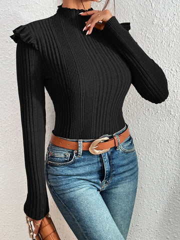 Felegant Mock Neck Ruffle Trim Tee