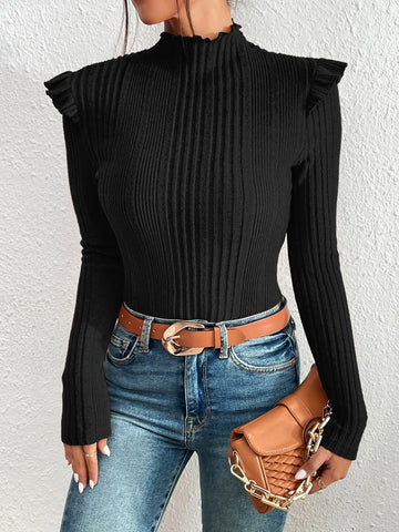 Felegant Mock Neck Ruffle Trim Tee