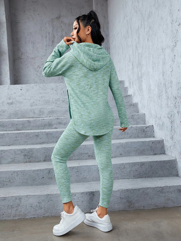 Space Dye Drop Shoulder Split Hem Drawstring Hoodie & Leggings