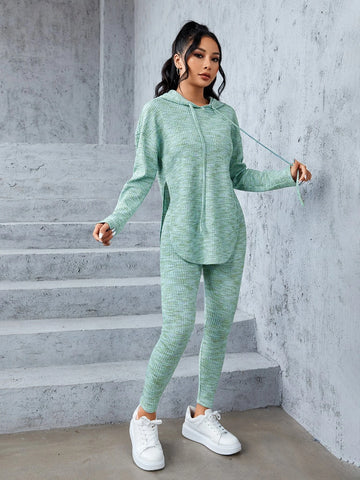 Space Dye Drop Shoulder Split Hem Drawstring Hoodie & Leggings