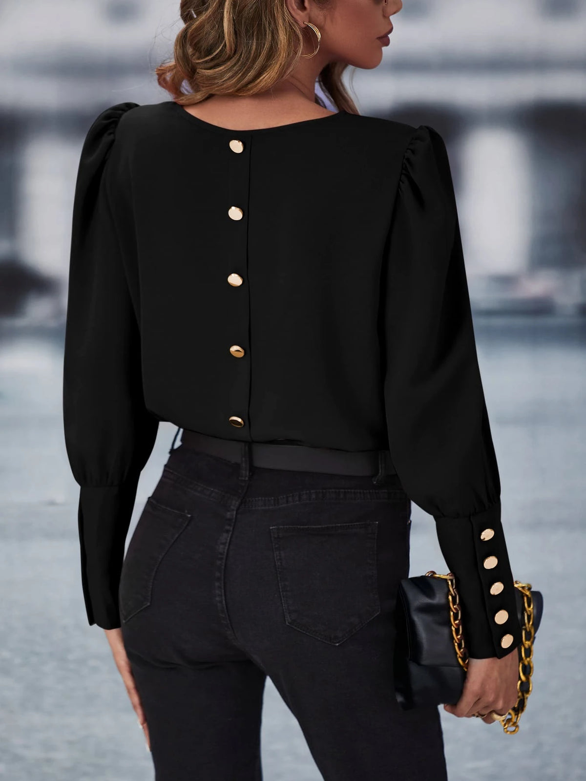 Button Back Puff Sleeve Blouse