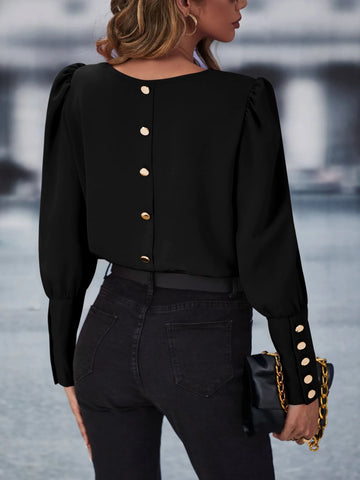 Button Back Puff Sleeve Blouse