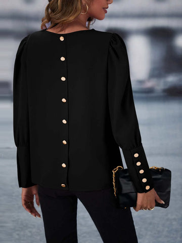 Button Back Puff Sleeve Blouse