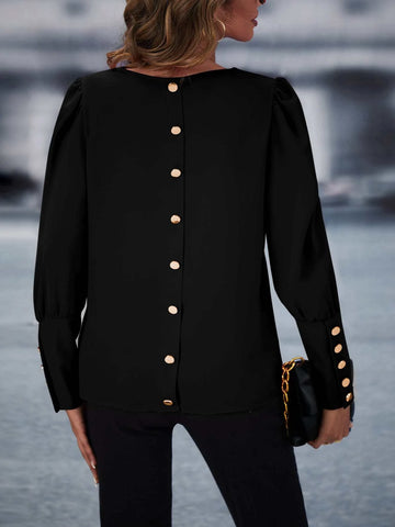 Button Back Puff Sleeve Blouse