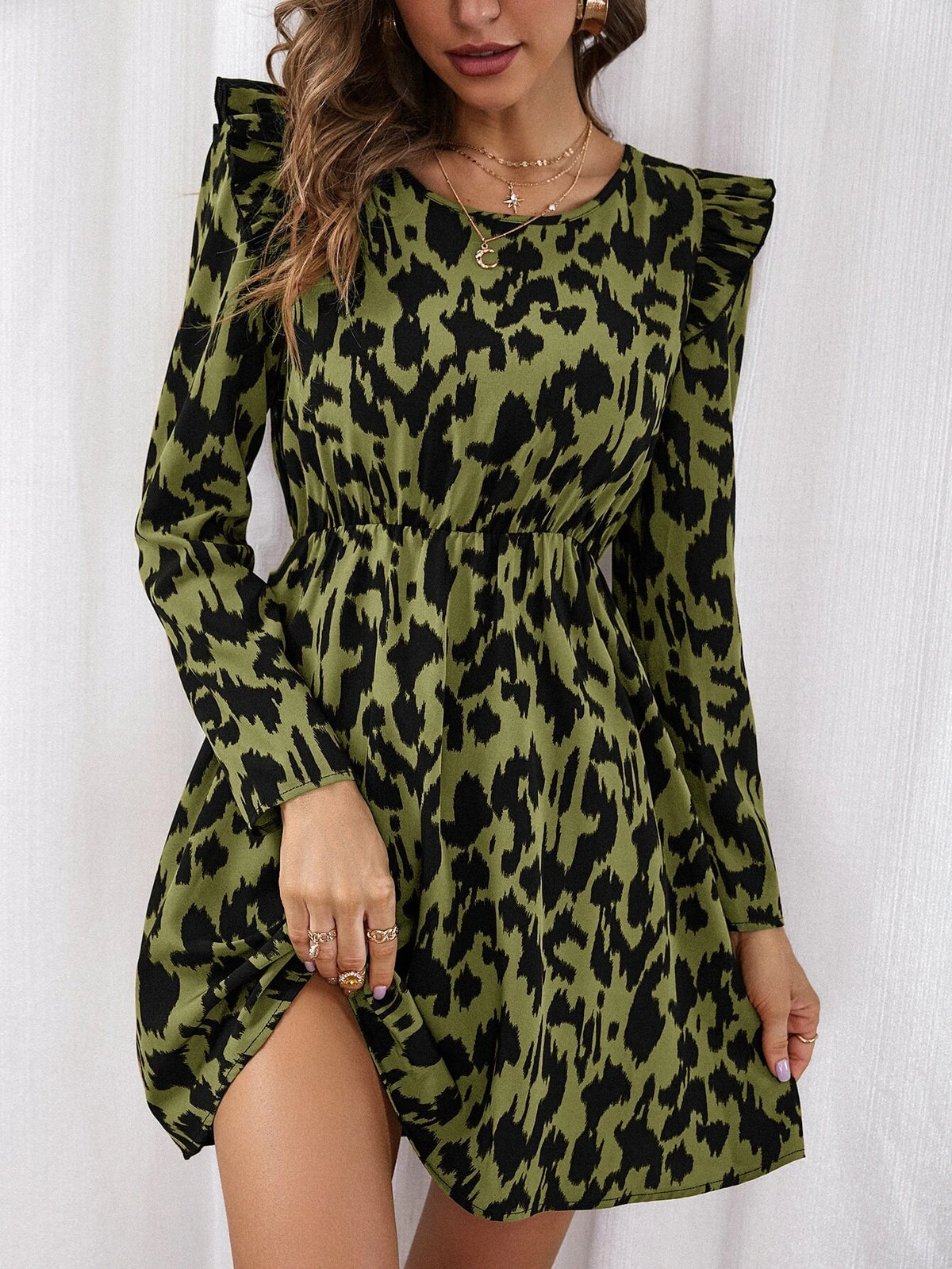 Allover Print Ruffle Trim Dress