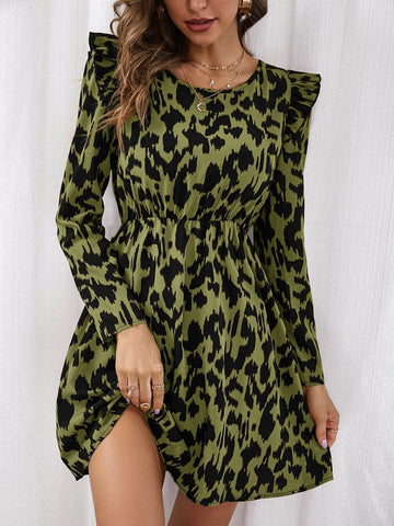 Allover Print Ruffle Trim Dress