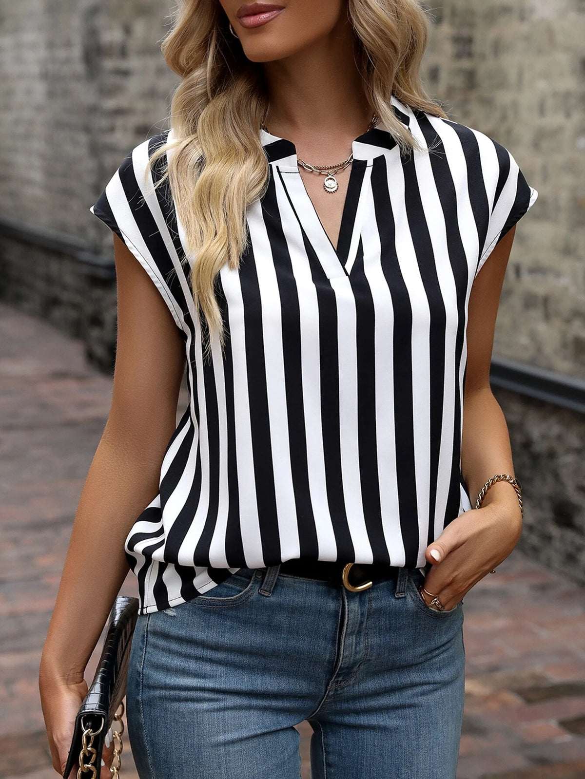 Striped Print Notched Neckline Batwing Sleeve Blouse