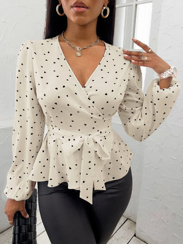 Random Heart Print Surplice Neck Belted Blouse