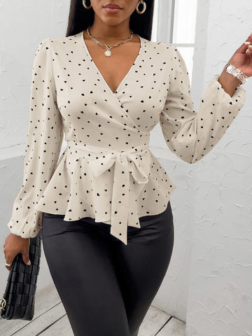 Random Heart Print Surplice Neck Belted Blouse