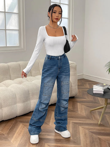 EZwear Square Neck Ribbed Knit Tee