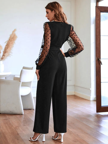 Contrast Dobby Mesh Lantern Sleeve Belted Jumpsuit