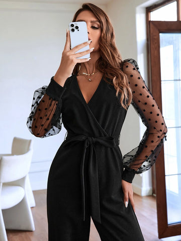 Contrast Dobby Mesh Lantern Sleeve Belted Jumpsuit