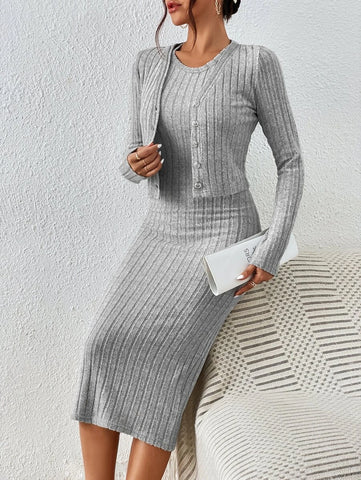 Solid Button Front Crop Top & Bodycon Dress