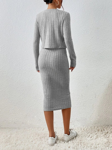 Solid Button Front Crop Top & Bodycon Dress