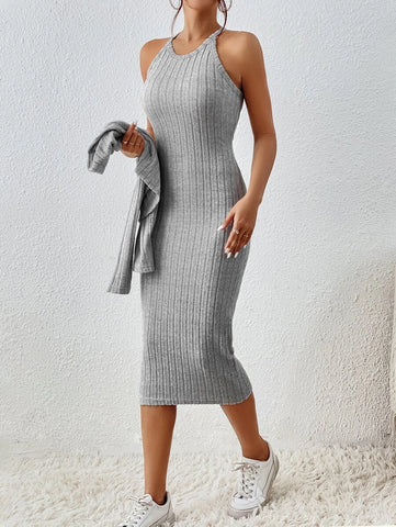 Solid Button Front Crop Top & Bodycon Dress