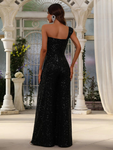 One Shoulder Sequin Wide Leg Jumpsuit