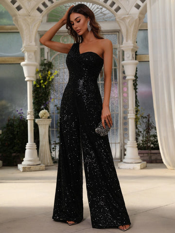 One Shoulder Sequin Wide Leg Jumpsuit