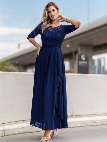 MIUSOL Lace Yoke Ruffle Trim Chiffon Formal Dress