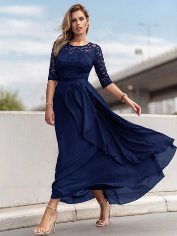 MIUSOL Lace Yoke Ruffle Trim Chiffon Formal Dress
