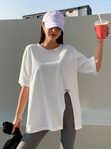DAZY Solid Split Hem Patched Drop Shoulder Tee
