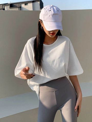 DAZY Solid Split Hem Patched Drop Shoulder Tee