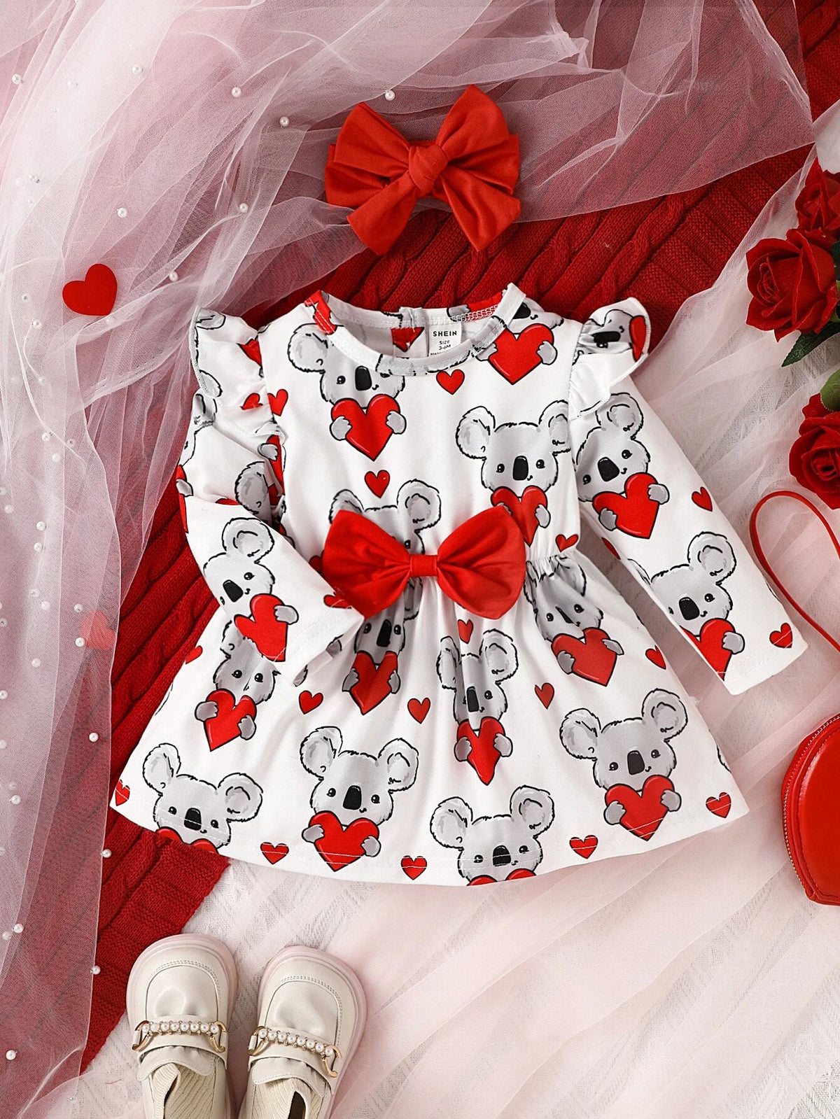 Baby Heart & Bear Print Ruffle Trim Bow Front Dress & Headband