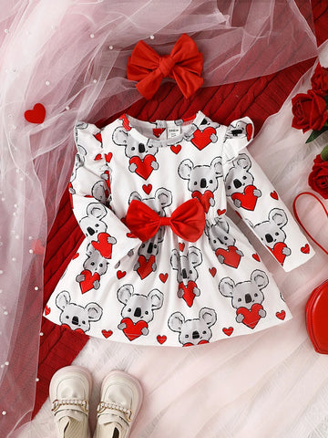 Baby Heart & Bear Print Ruffle Trim Bow Front Dress & Headband