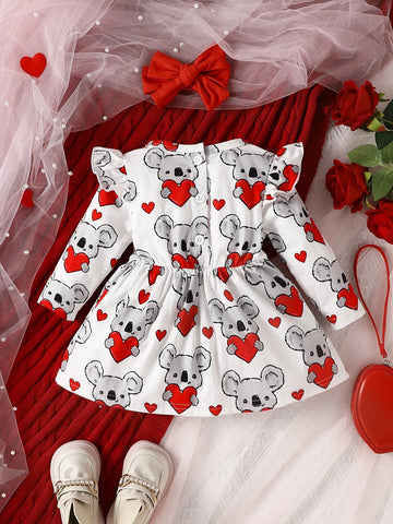 Baby Heart & Bear Print Ruffle Trim Bow Front Dress & Headband