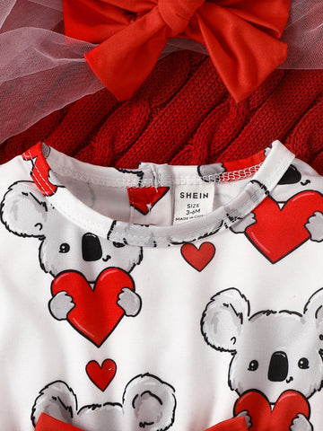 Baby Heart & Bear Print Ruffle Trim Bow Front Dress & Headband