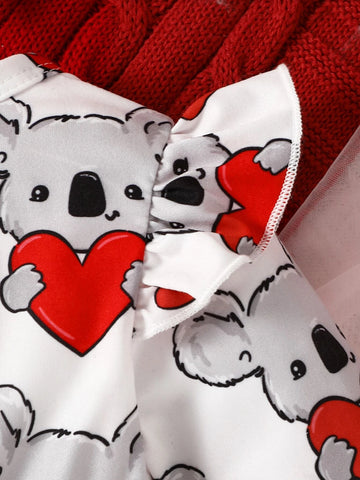 Baby Heart & Bear Print Ruffle Trim Bow Front Dress & Headband