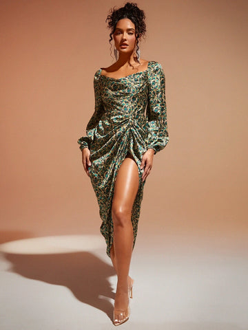 BAE Draped Collar Ruched Split Thigh Tie Back Satin Dress