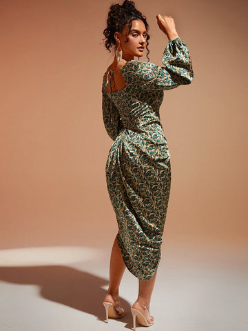 BAE Draped Collar Ruched Split Thigh Tie Back Satin Dress