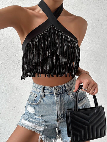 Fringe Trim Crisscross Tie Backless Crop Halter Top