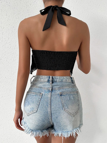 Fringe Trim Crisscross Tie Backless Crop Halter Top