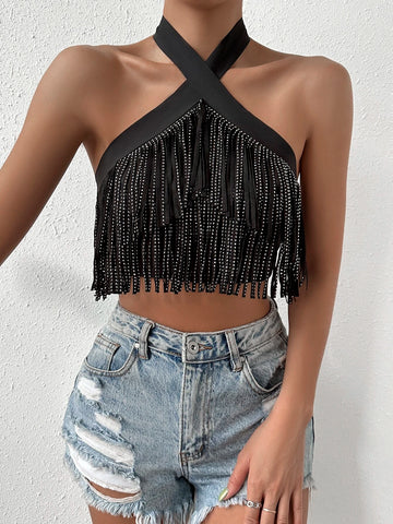 Fringe Trim Crisscross Tie Backless Crop Halter Top