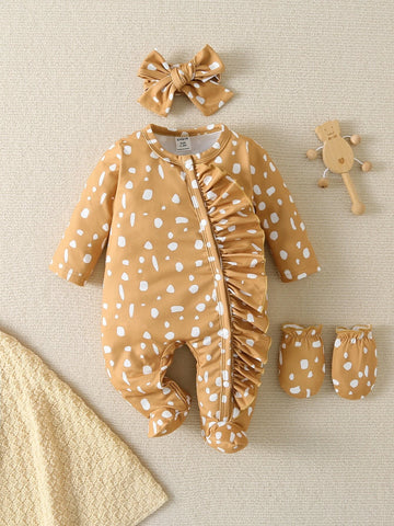 Baby Dalmatian Print Ruffle Trim Footed Sleep Jumpsuit & 1pair Gloves & Headband