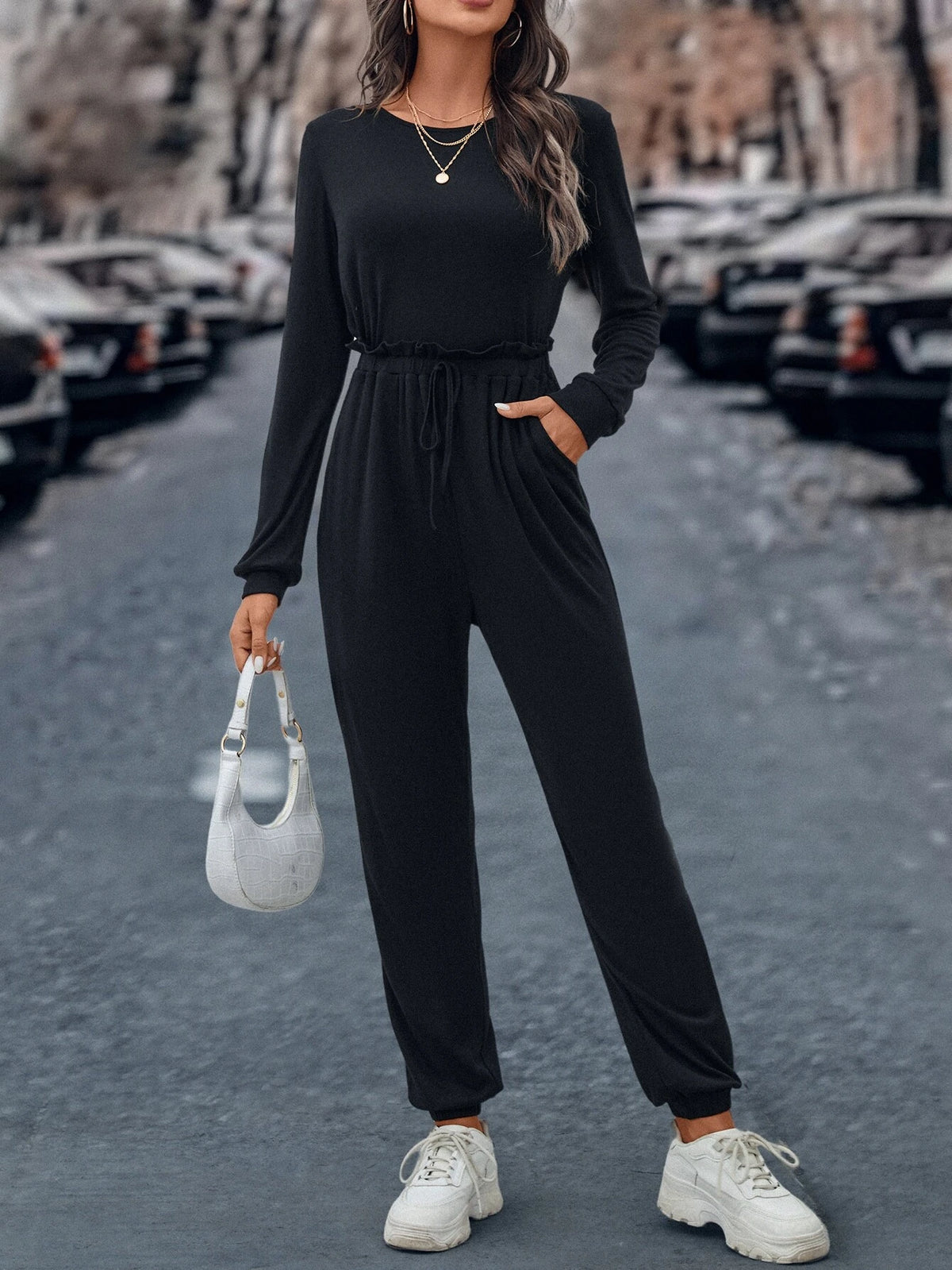 Solid Drawstring Waist Slant Pocket Jumpsuit