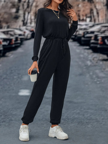 Solid Drawstring Waist Slant Pocket Jumpsuit
