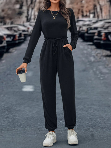 Solid Drawstring Waist Slant Pocket Jumpsuit