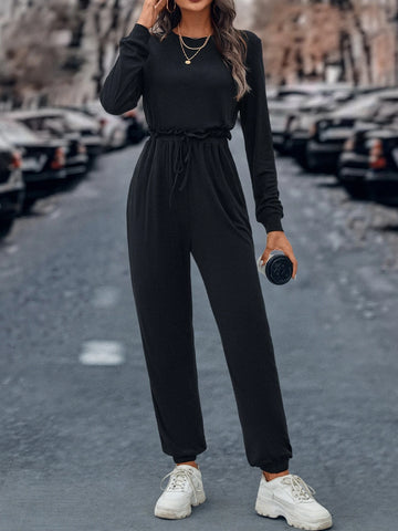 Solid Drawstring Waist Slant Pocket Jumpsuit