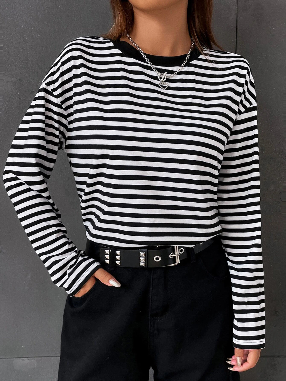 Striped Print Drop Shoulder Tee
