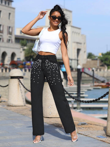 Rhinestone Detail Straight Leg Jeans