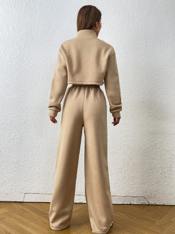 Letter Embroidery Graphic Zip Up Crop Sweatshirt & Wide Leg Sweatpants