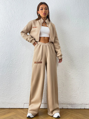Letter Embroidery Graphic Zip Up Crop Sweatshirt & Wide Leg Sweatpants
